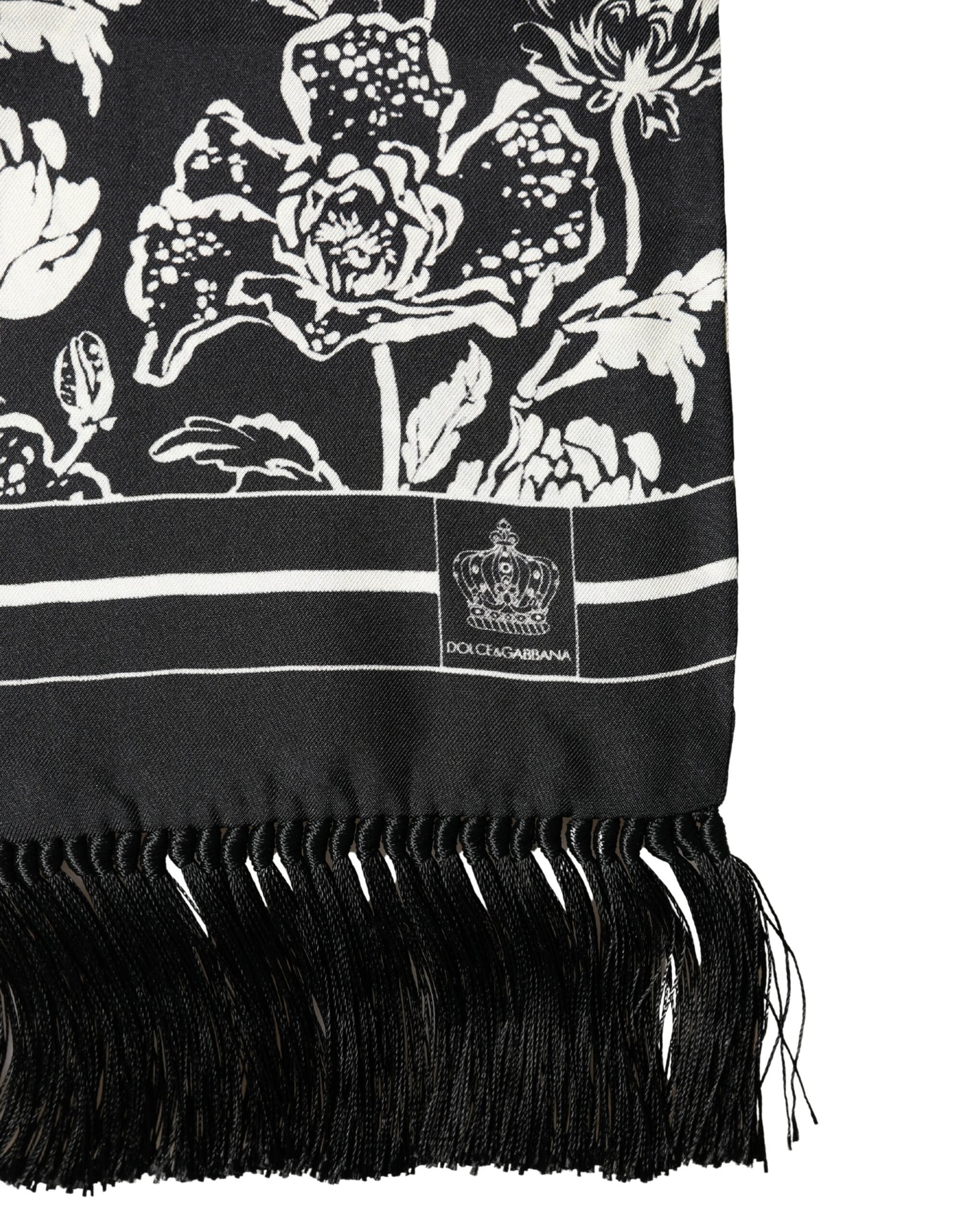 Dolce & Gabbana Black White Silk Floral Print Fringe 136cm X 15.5cm Scarf