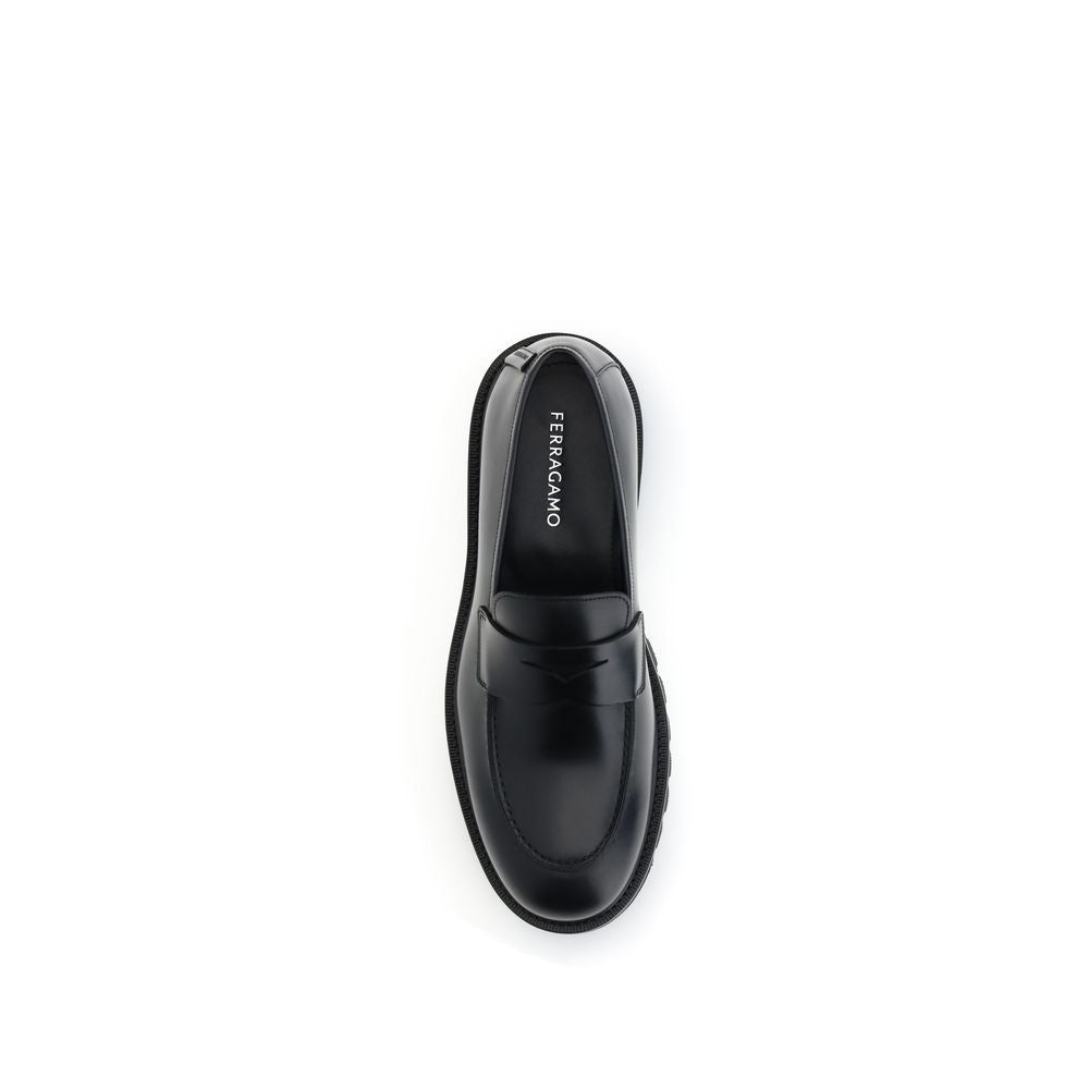 Ferragamo Black Calf Leather Bos Taurus Slip-On Loafers