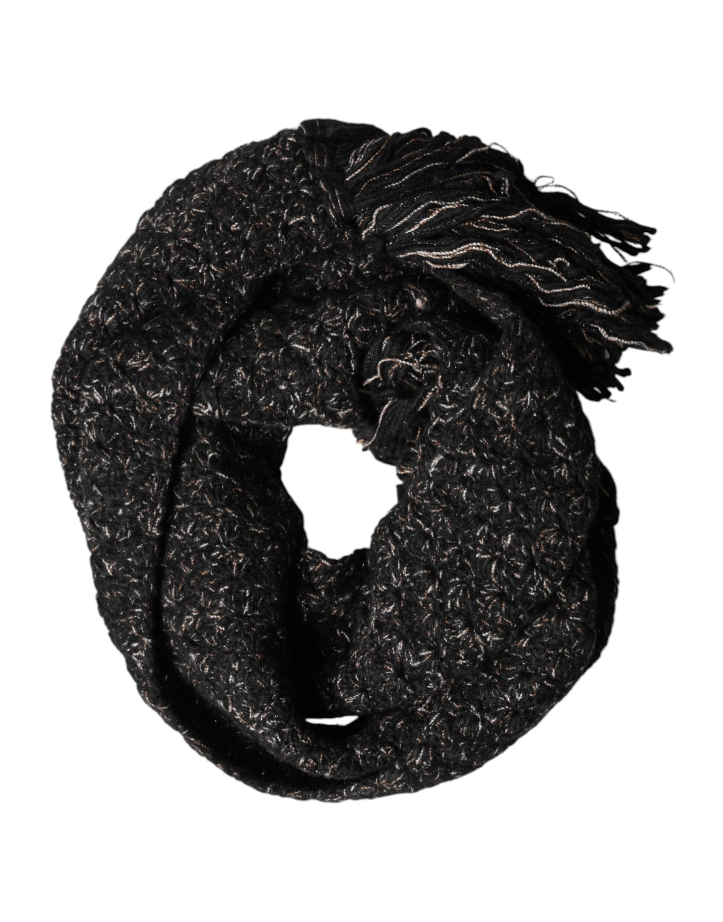 Dolce & Gabbana Black Wool Fringes Neck Wrap Foulard Scarf