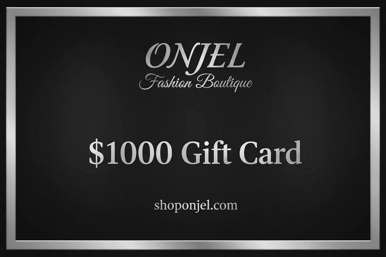 ONJEL Fashion Boutique $1000 gift card with silver border, luxury designer shopping