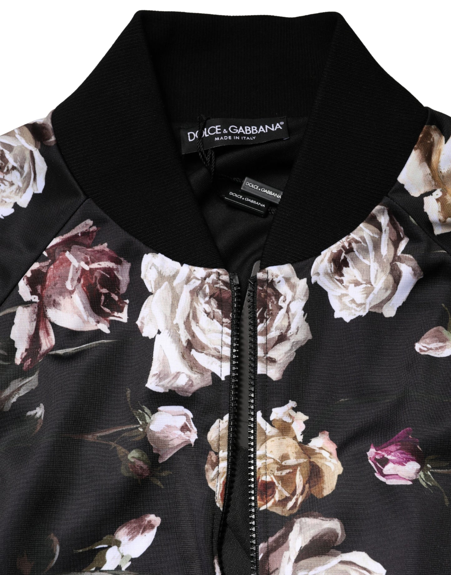 Dolce & Gabbana Black Floral Polyester Full Zip Bomber Jacket