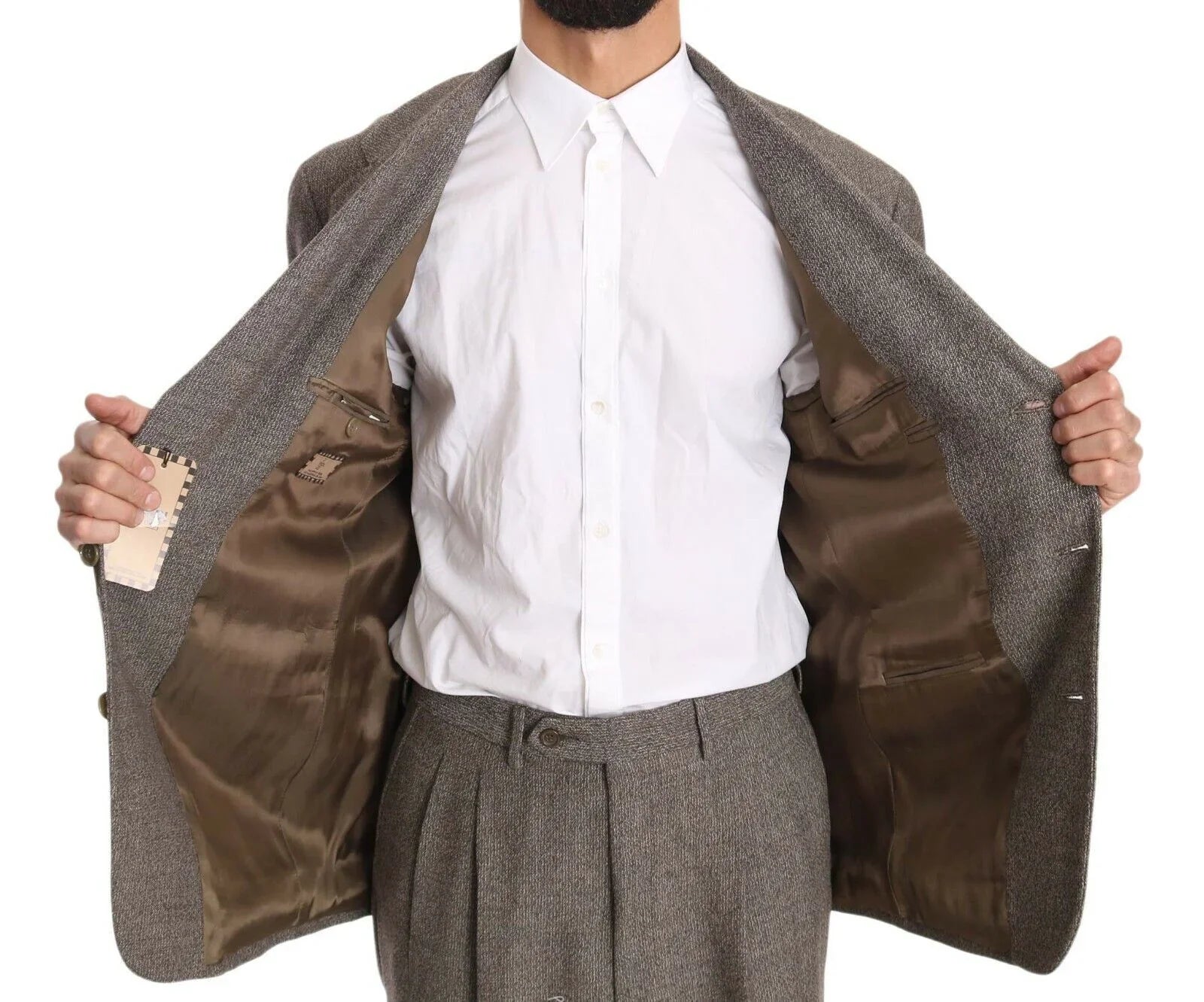 Man in white shirt and gray suit showing brown lined blazer interior, ONJEL Fashion Boutique