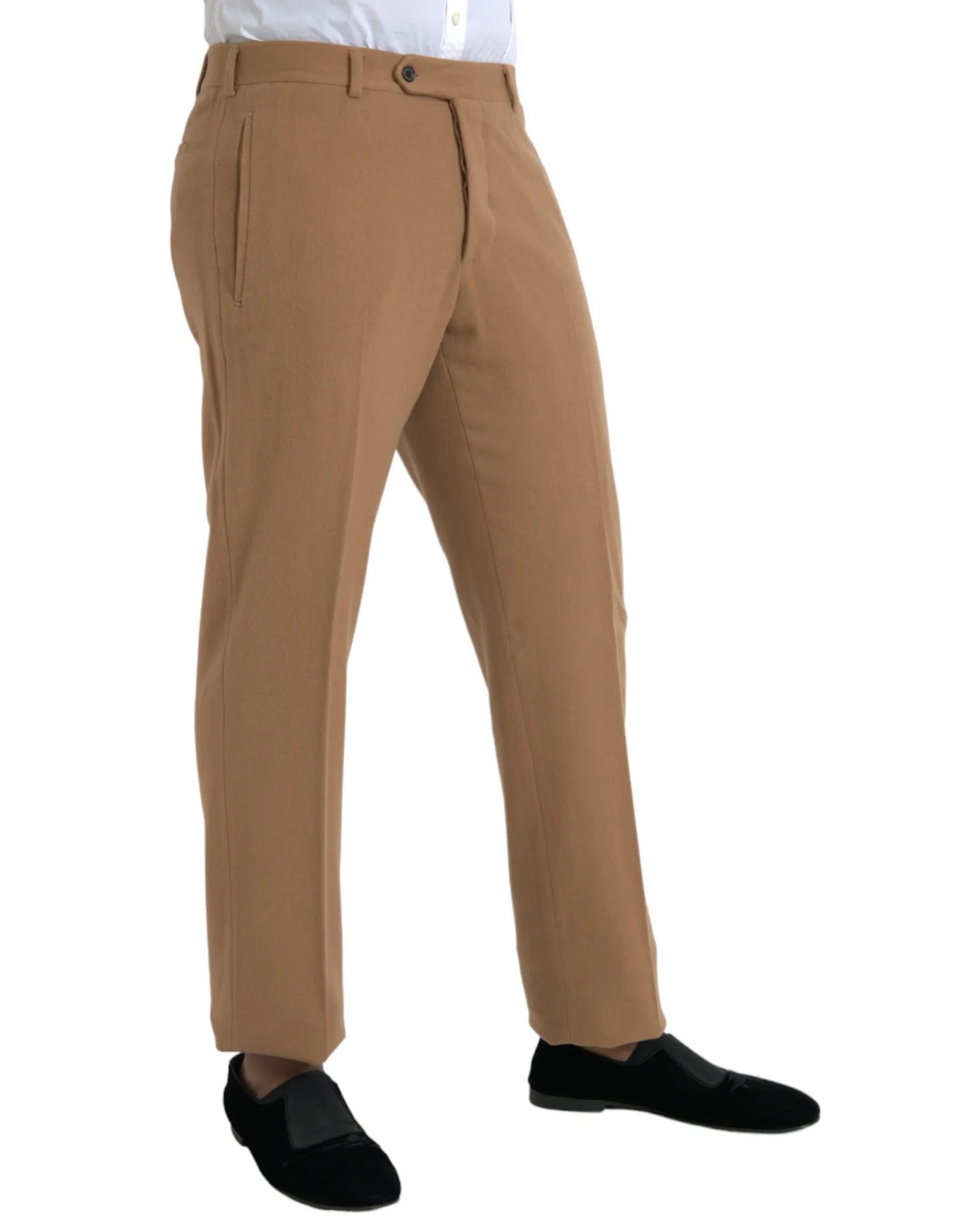Men’s tan dress pants with classic fit, styled with black loafers, ONJEL Fashion Boutique