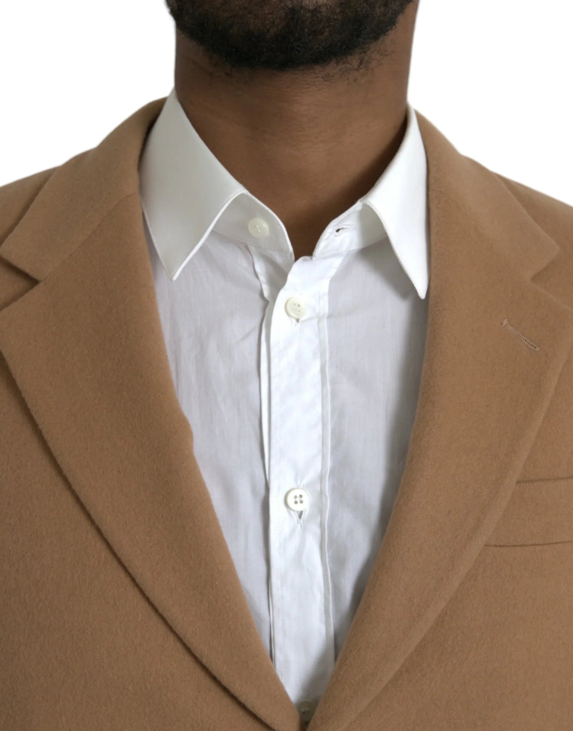 Close-up of a man wearing a camel blazer and white dress shirt, ONJEL Fashion Boutique style