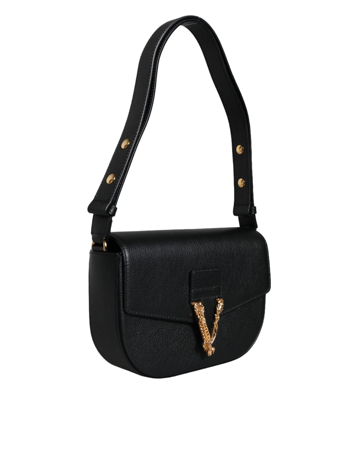 Black designer shoulder bag with gold hardware from ONJEL Fashion Boutique