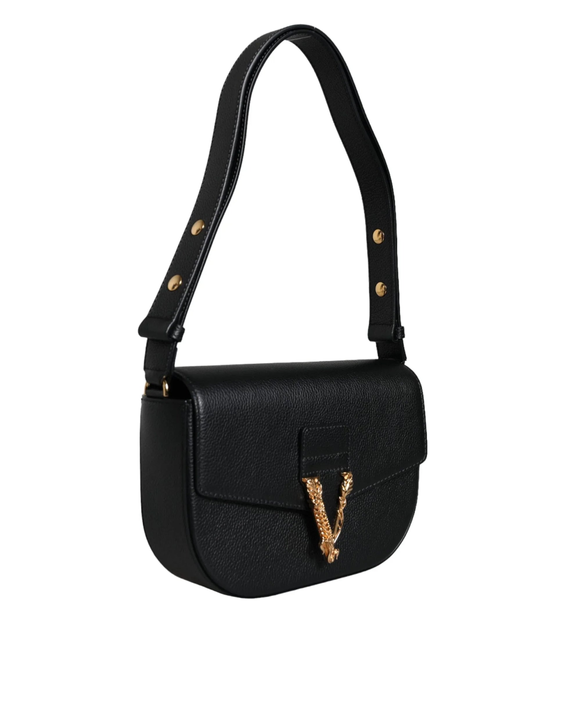 Black designer shoulder bag with gold hardware from ONJEL Fashion Boutique