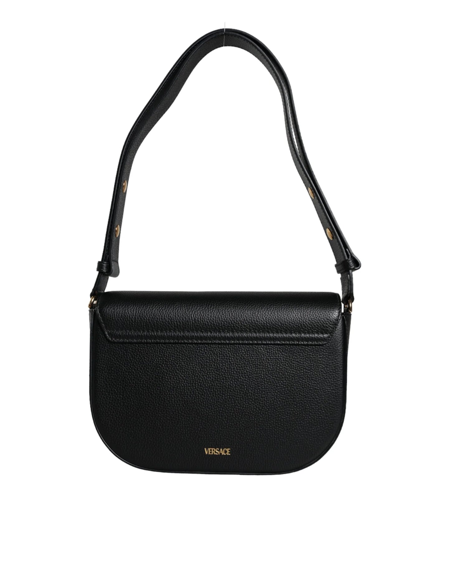Black leather Versace shoulder bag with gold logo, designer fashion at ONJEL Boutique