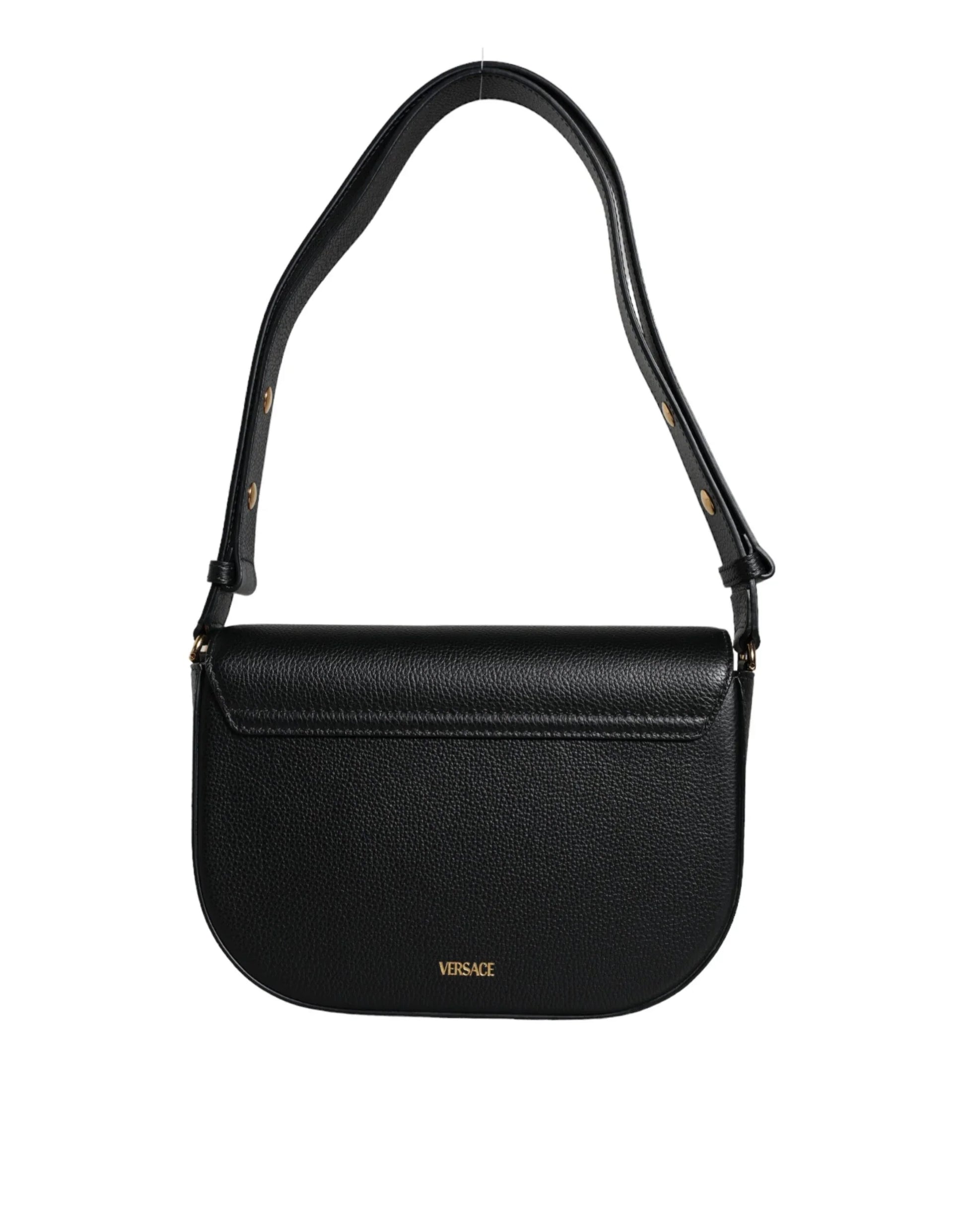 Black leather Versace shoulder bag with gold logo, designer fashion at ONJEL Boutique