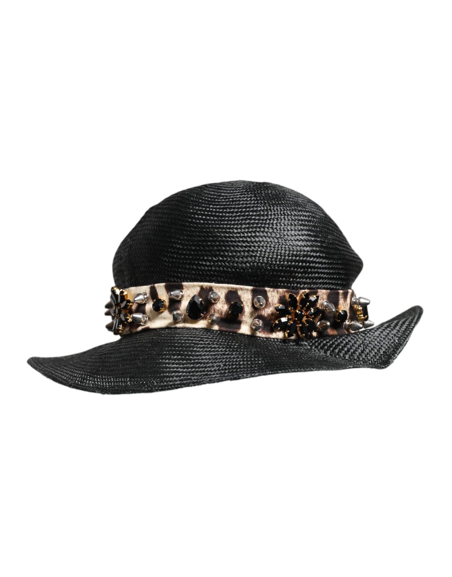 Dolce & Gabbana Black Straw Crystal Embellished Wide Brim Hat