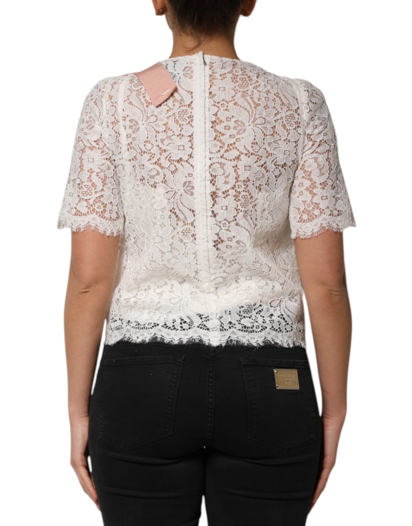 Dolce & Gabbana White Floral Lace Short Sleeves Blouse Top