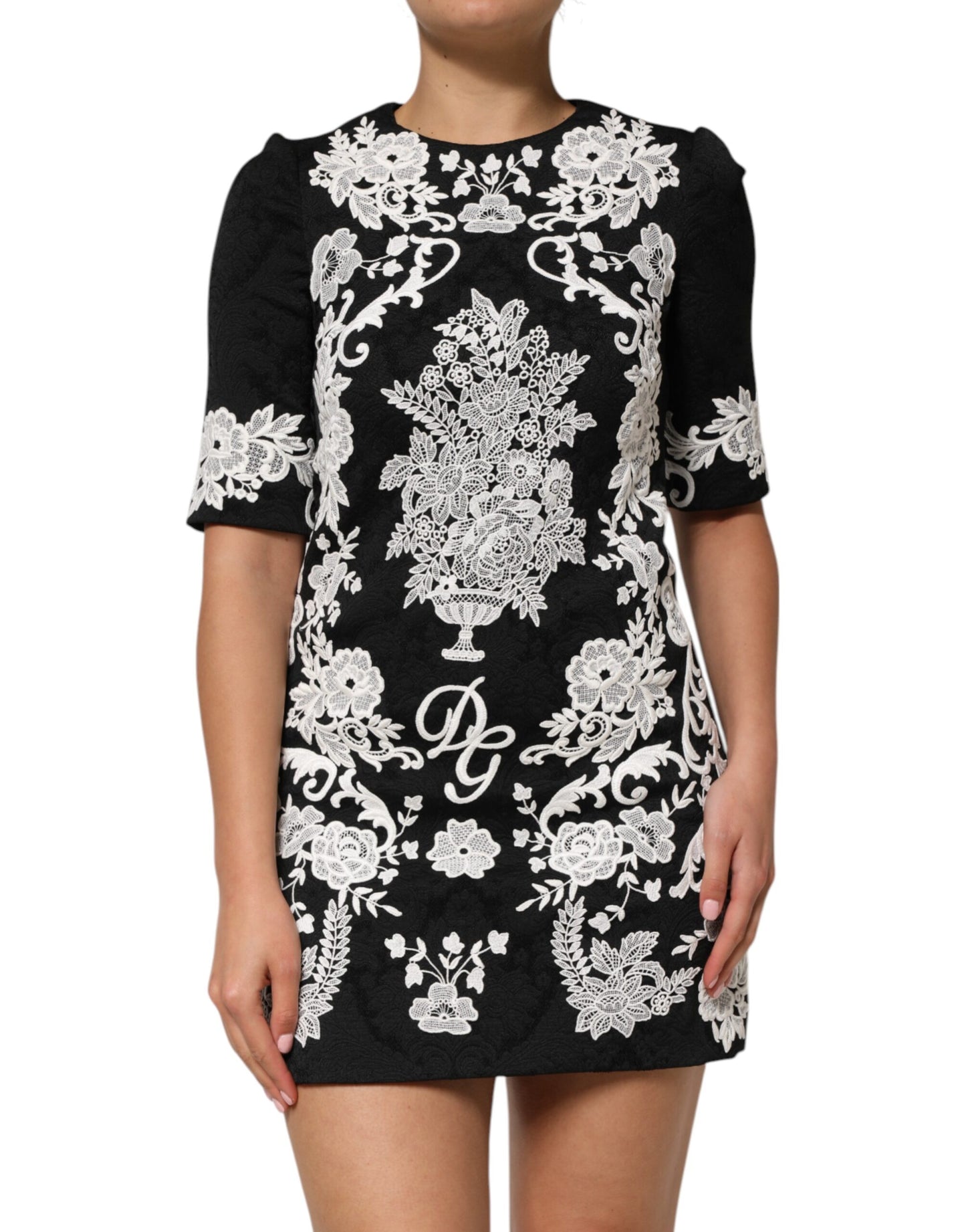 Dolce & Gabbana Black Lace Trim Short Sleeves A-line Dress