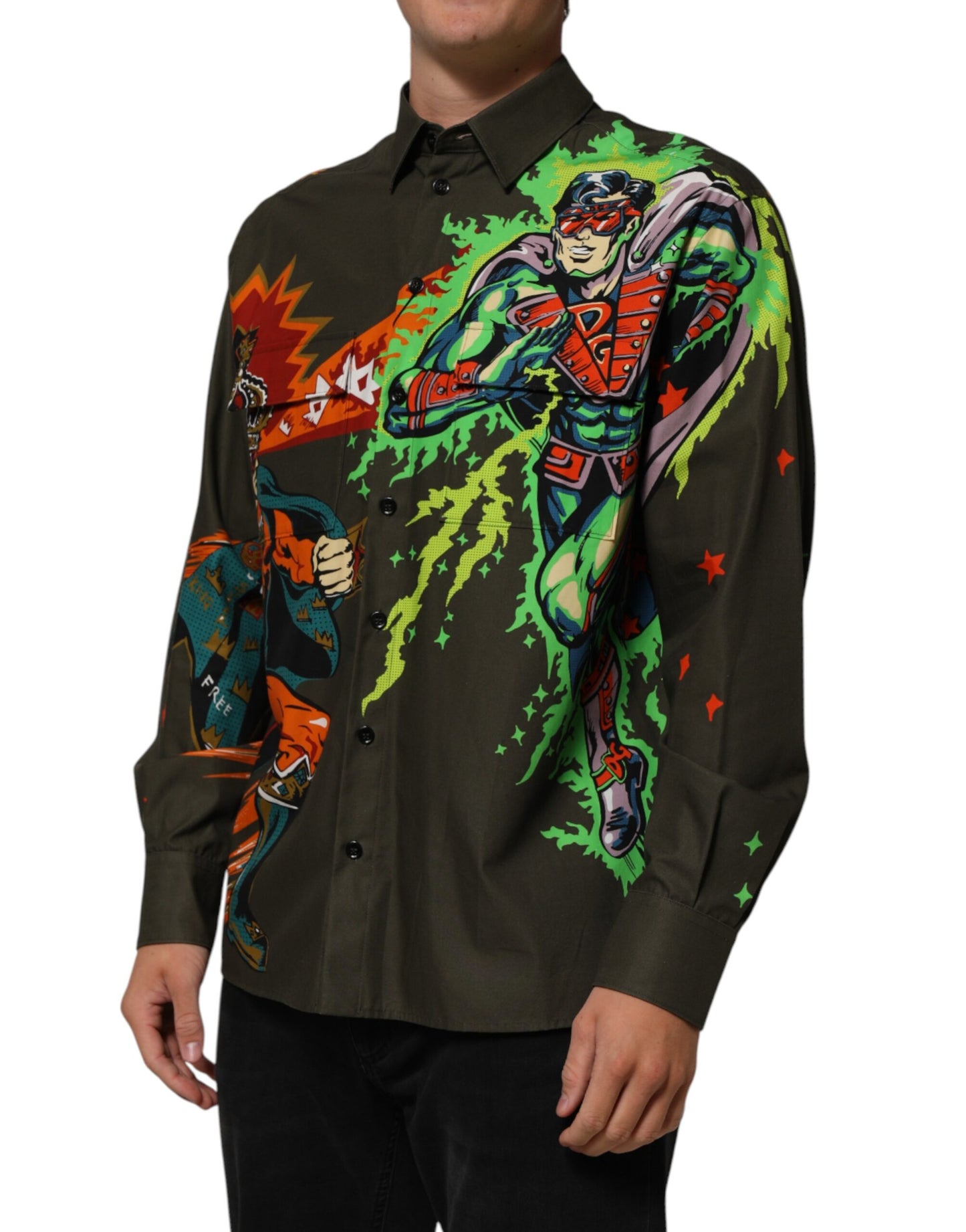 Dolce & Gabbana Green Superhero Print Button Down Shirt